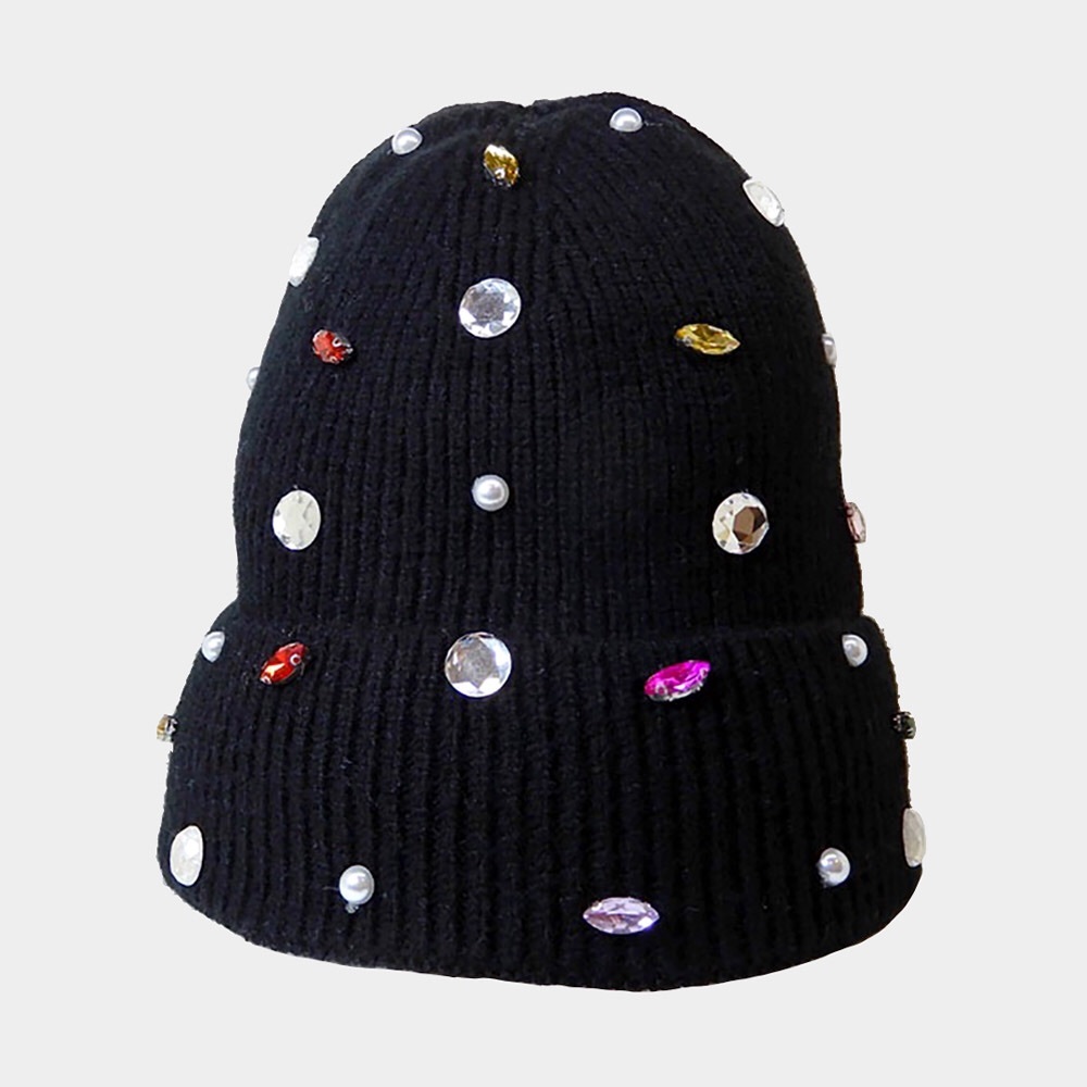 Rhinestone & Pearl Jewel Embellished Fleece Lining Knit Beanie Hat